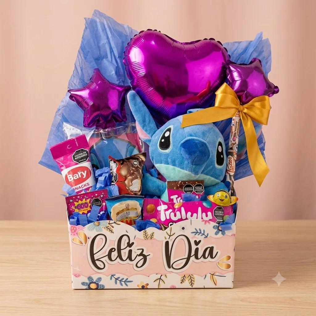 Canasta Feliz Día Stitch - Canasta sorpresa con peluche