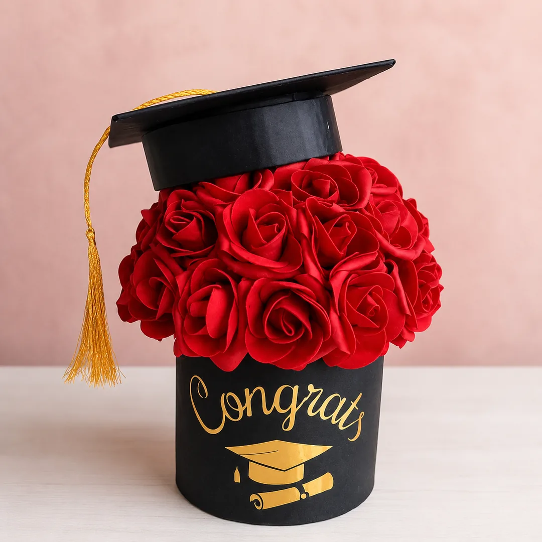 Caja Rosas Rojas Congrats - Caja de rosas de graduación
