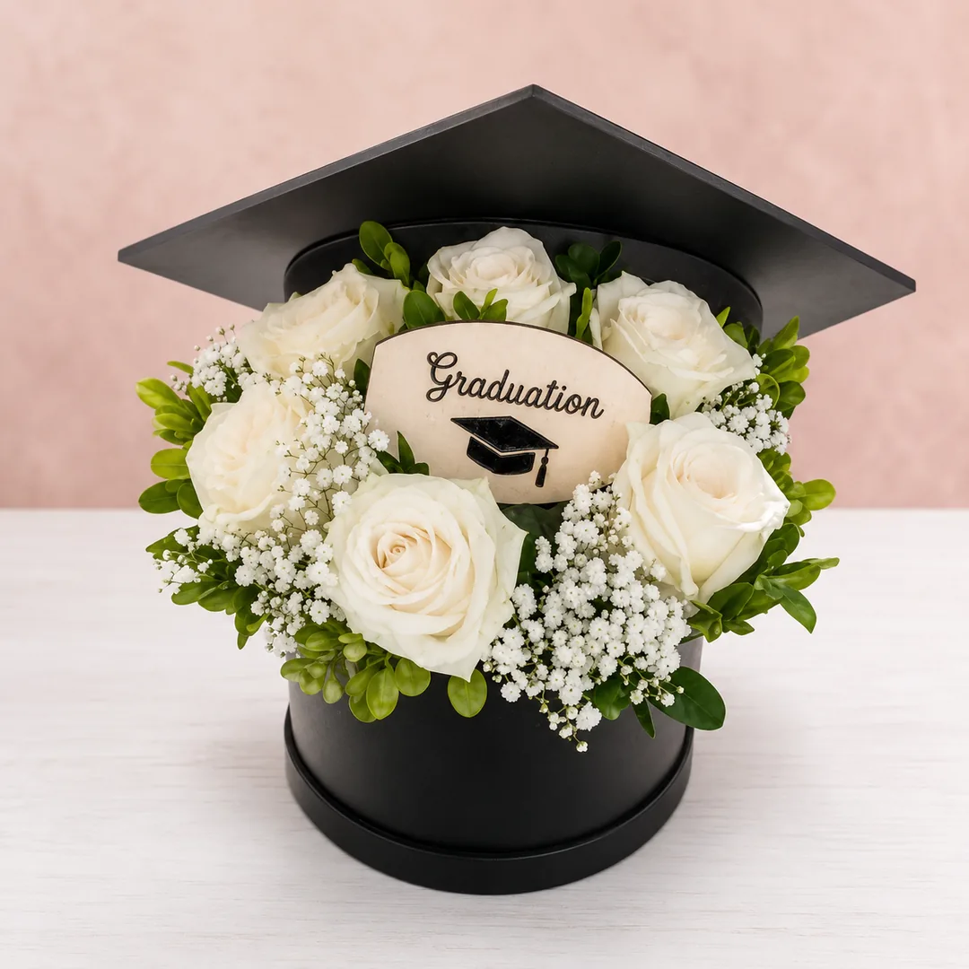 Caja Rosas Blancas Graduación - Caja de rosas blancas de graduación